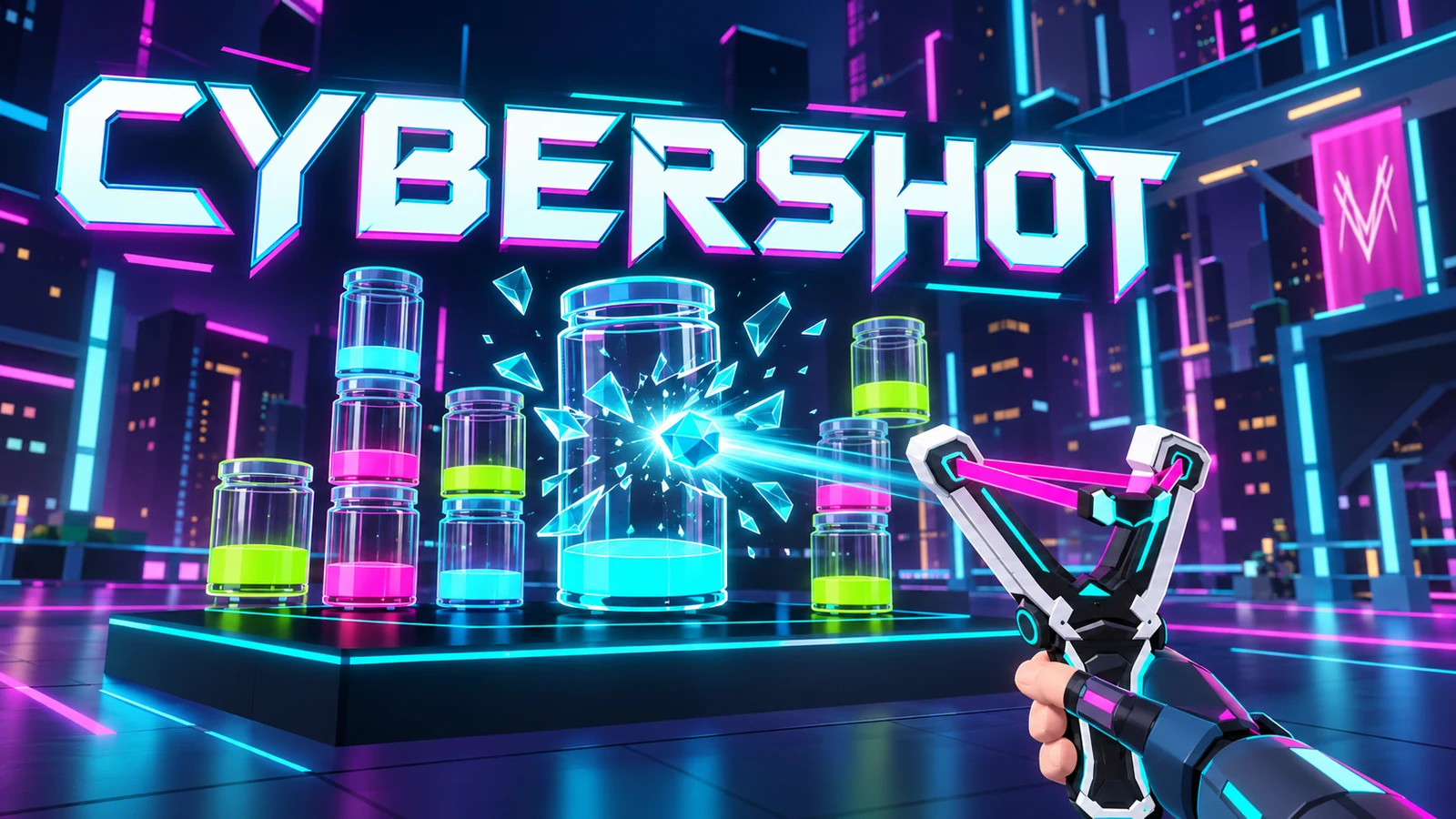 Cybershot cover art: a slingshot fires a crystal into glowing cyan, pink and lime jars in a neon city
