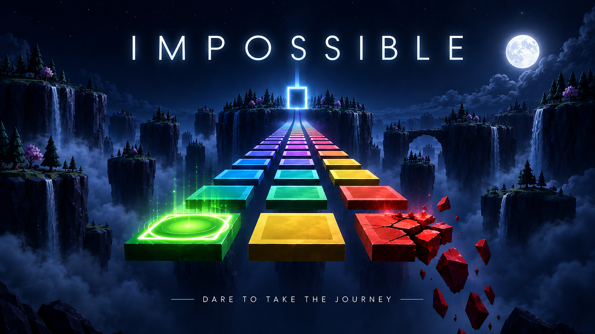 Impossible key art: a glowing path of coloured glass tiles leading to a portal above the clouds