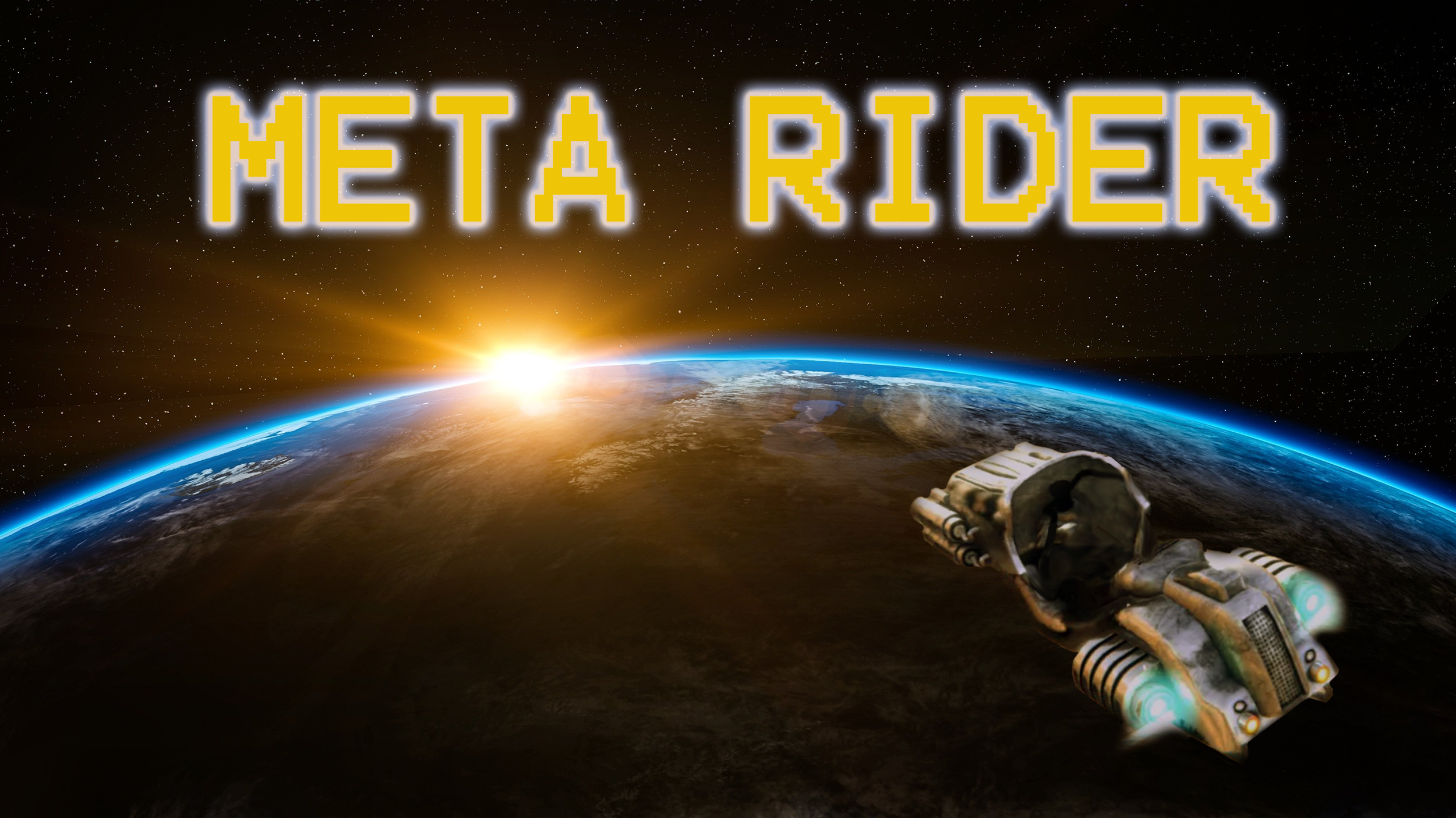 Meta Rider key art: a hoverbike above a sunlit planet, with the Meta Rider wordmark in the stars